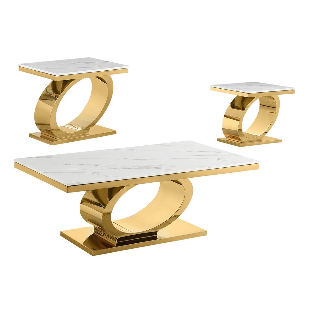 3pc White marble coffee table set with gold color base (1 Coffee+2 End tables). Picture 1