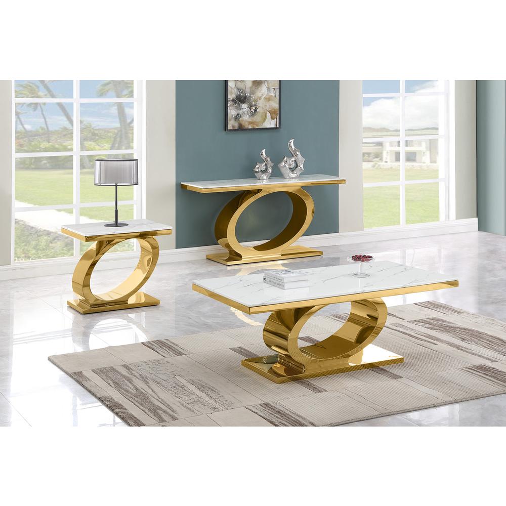 3pc White marble coffee table set with gold color base. Picture 2