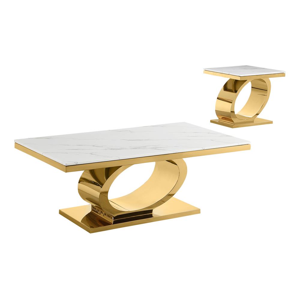 2pc White marble coffee table set with gold color base (1 Coffee+ 1 End table). Picture 1