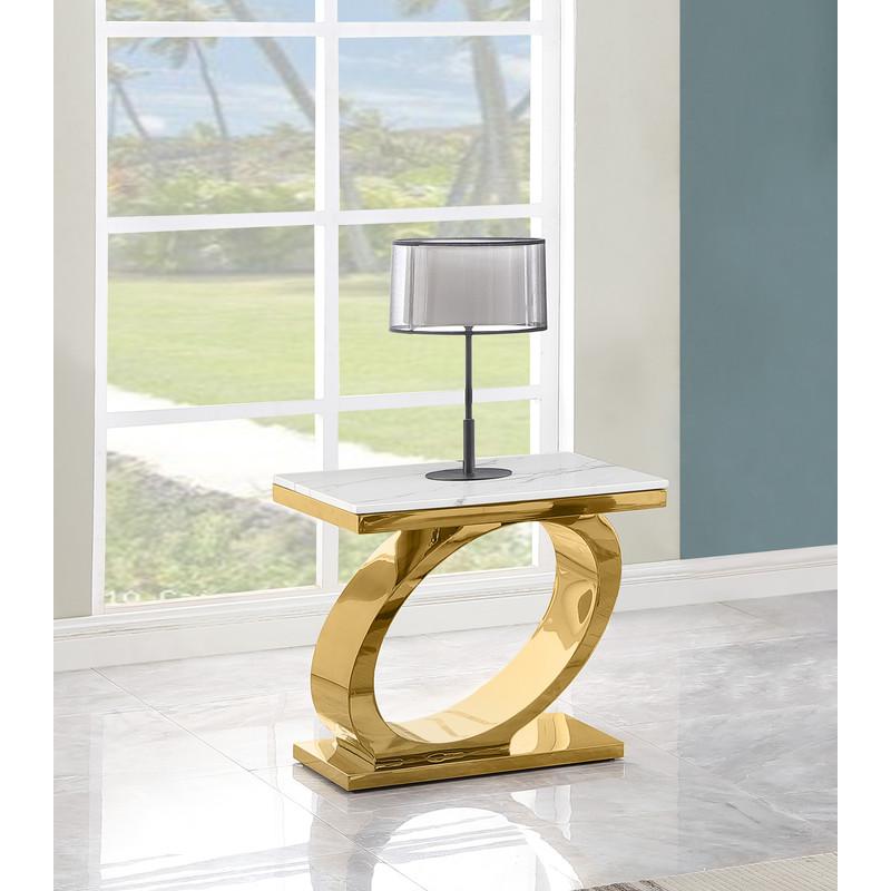 White marble top end table with gold color base. Picture 2