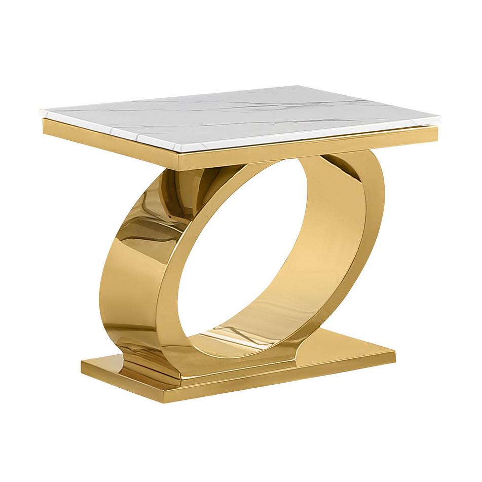 White marble top end table with gold color base. Picture 1