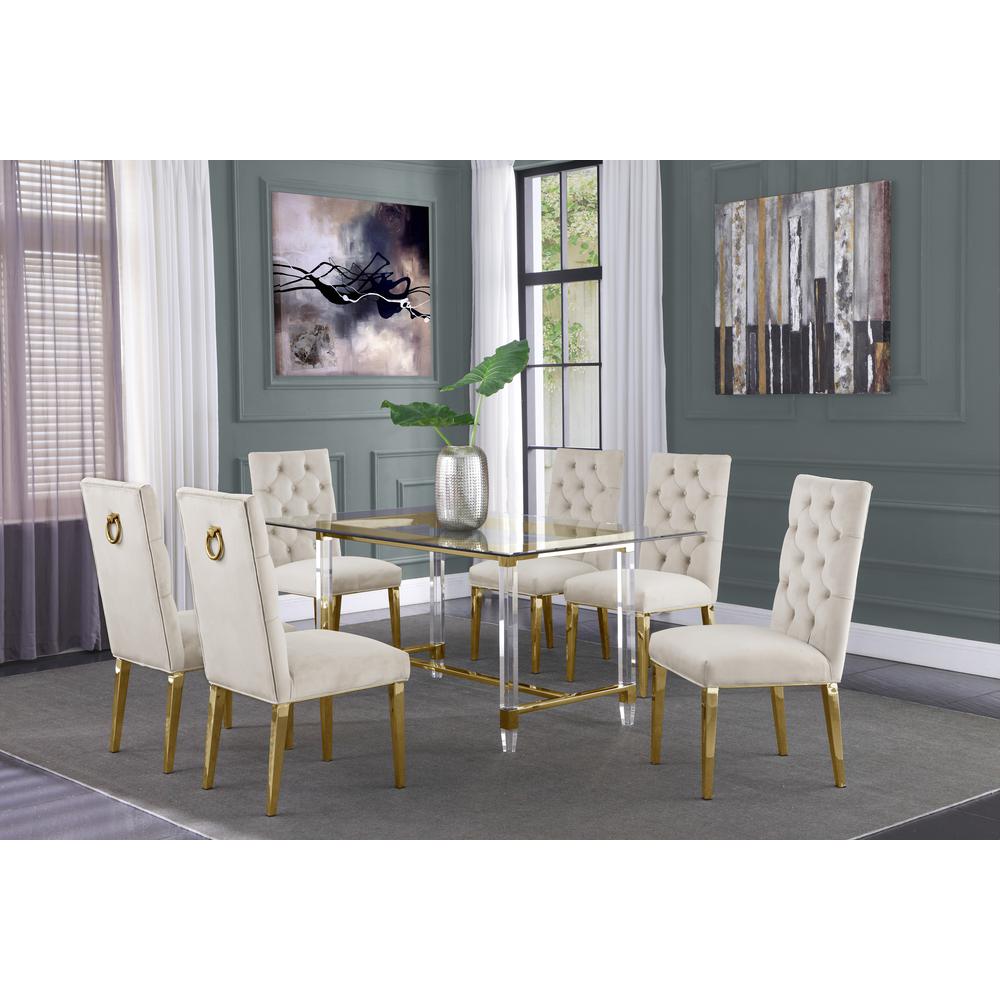 Acrylic Glass 7pc Gold Set Tufted Ring Chairs in Beige Velvet. Picture 1