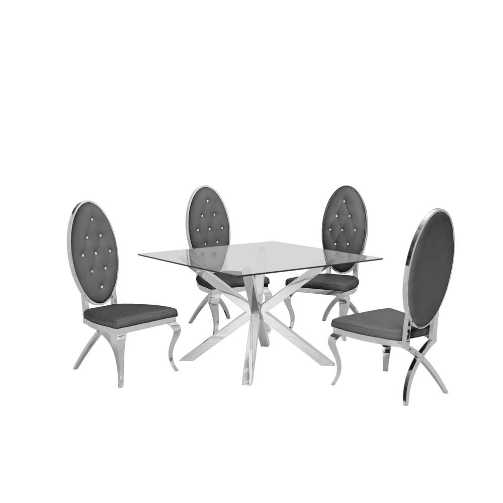 Stainless Steel 5 Piece Dining Set, w/ Dark Grey Faux Leather Side Chairs 943. Picture 1