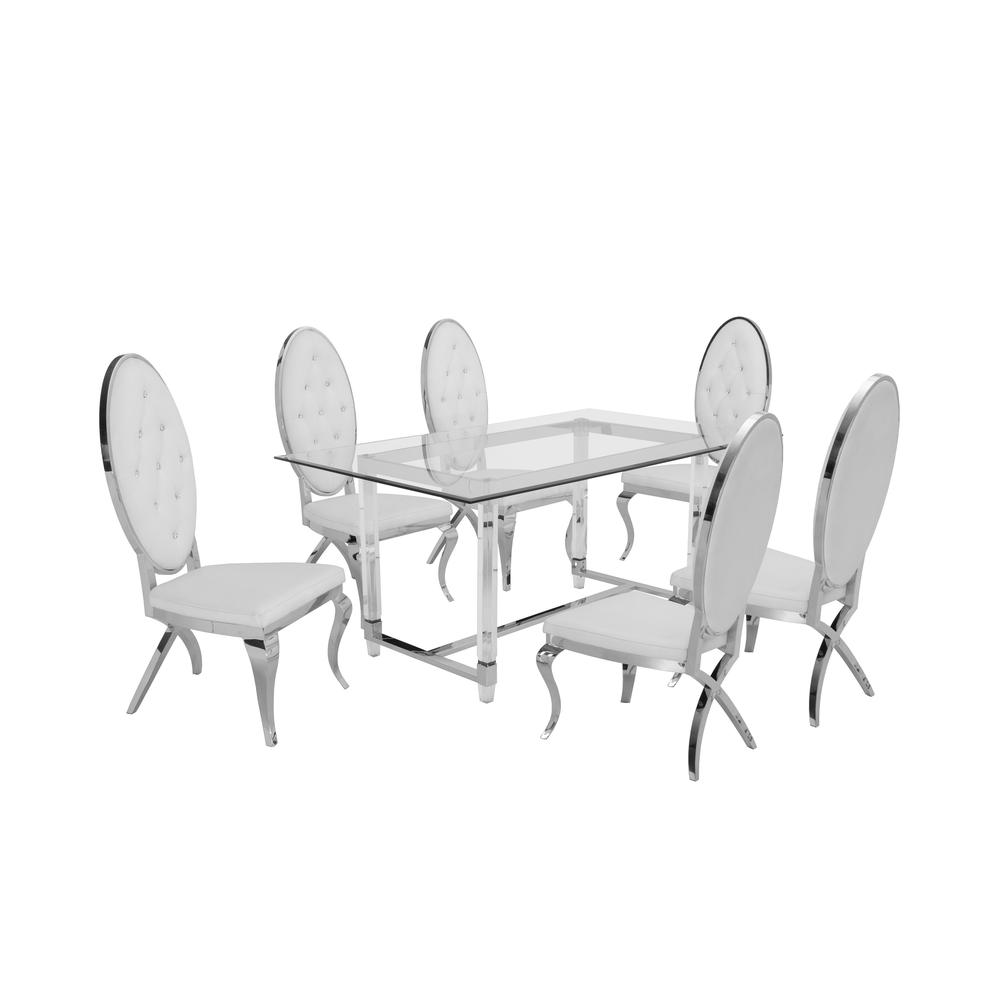 Acrylic Glass 7pc Set Tufted Faux Crystal Chairs in White Faux Leather. Picture 1