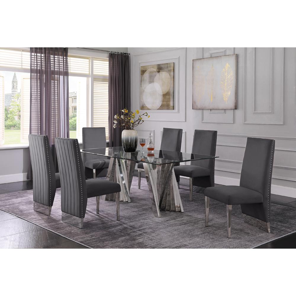Classic 7pc Dining Set w/Pleated Side Chair, Glass Table w/ Silver Spiral Base, Dark Grey. Picture 2