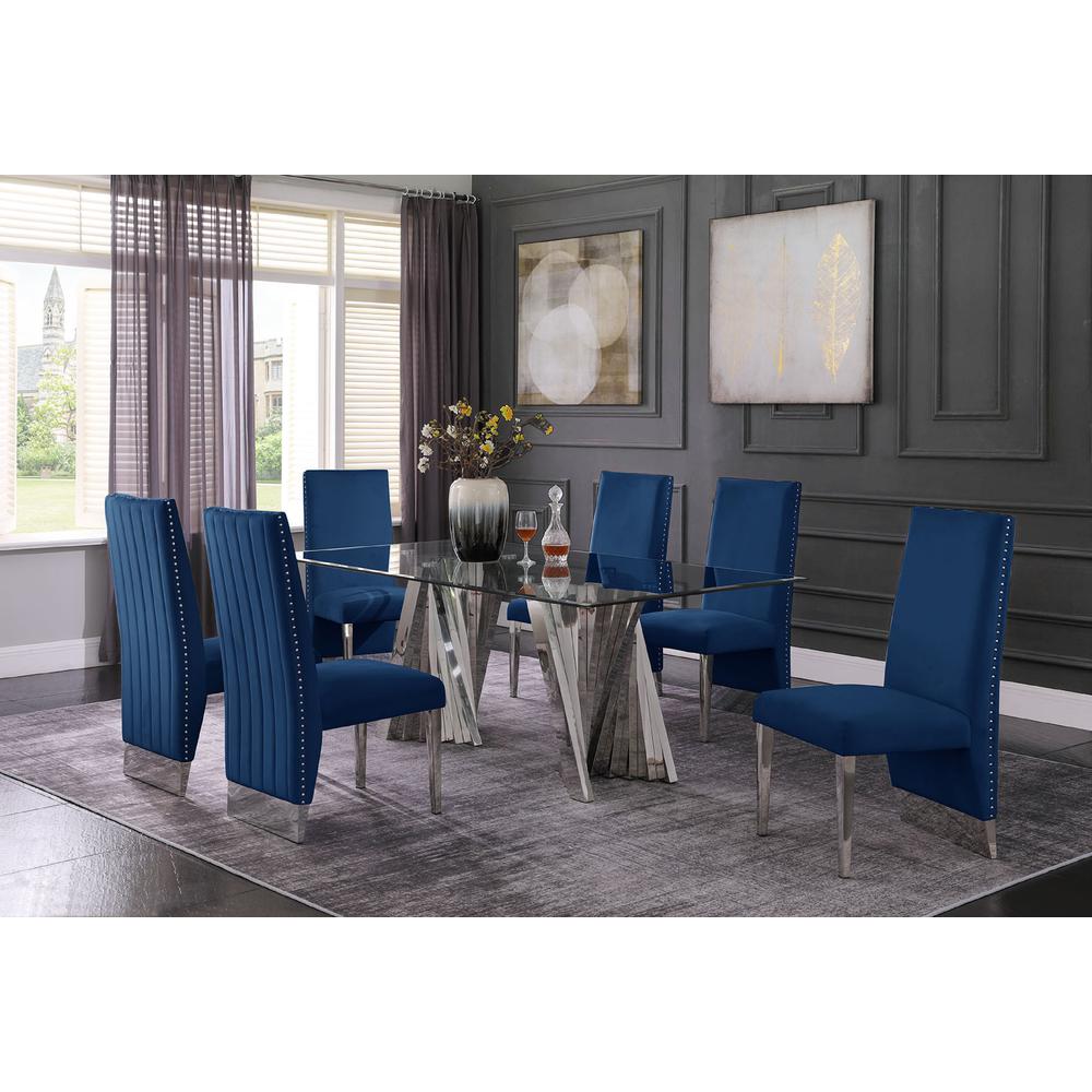 Classic 7pc Dining Set w/Pleated Side Chair, Glass Table w/ Silver Spiral Base, Navy Blue. Picture 2