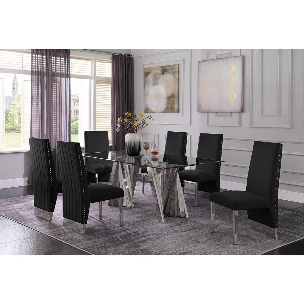 Classic 7pc Dining Set w/Pleated Side Chair, Glass Table w/ Silver Spiral Base, Black. Picture 2