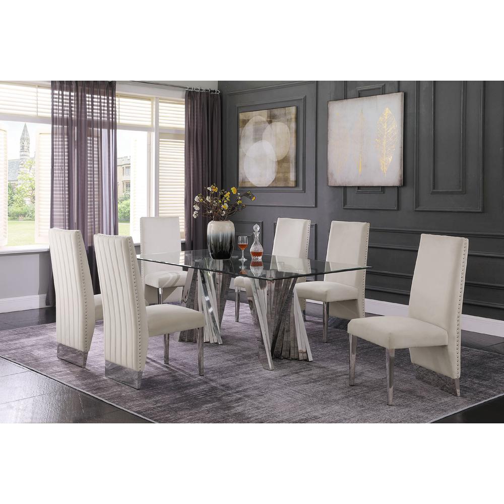 Classic 7pc Dining Set w/Pleated r Side Chair, Glass Table w/ Silver Spiral Base, Beige. Picture 2