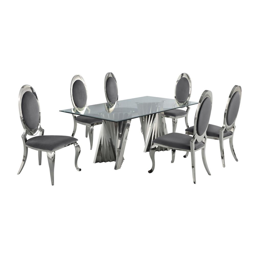 Classic 7pc Dining Set w/Uph Side Chair, Glass Table w/ Silver Spiral Base, Dark Grey. Picture 1
