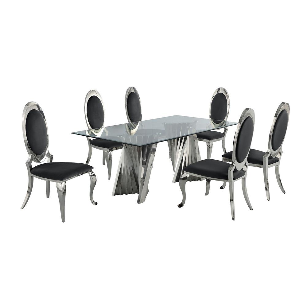 Classic 7pc Dining Set w/Uph Side Chair, Glass Table w/ Silver Spiral Base, Black. Picture 1