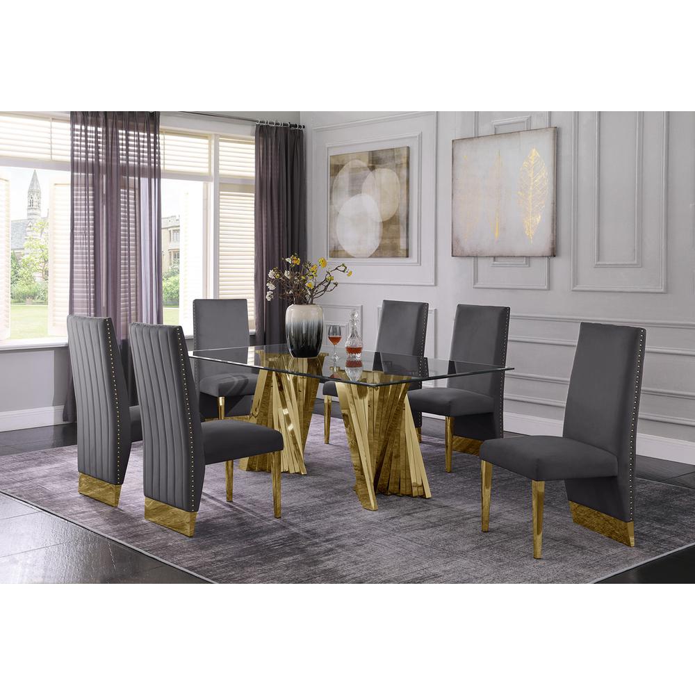 Classic 7pc Dining Set w/Pleated Side Chair, Glass Table w/ Gold Spiral Base, Dark Grey. Picture 4