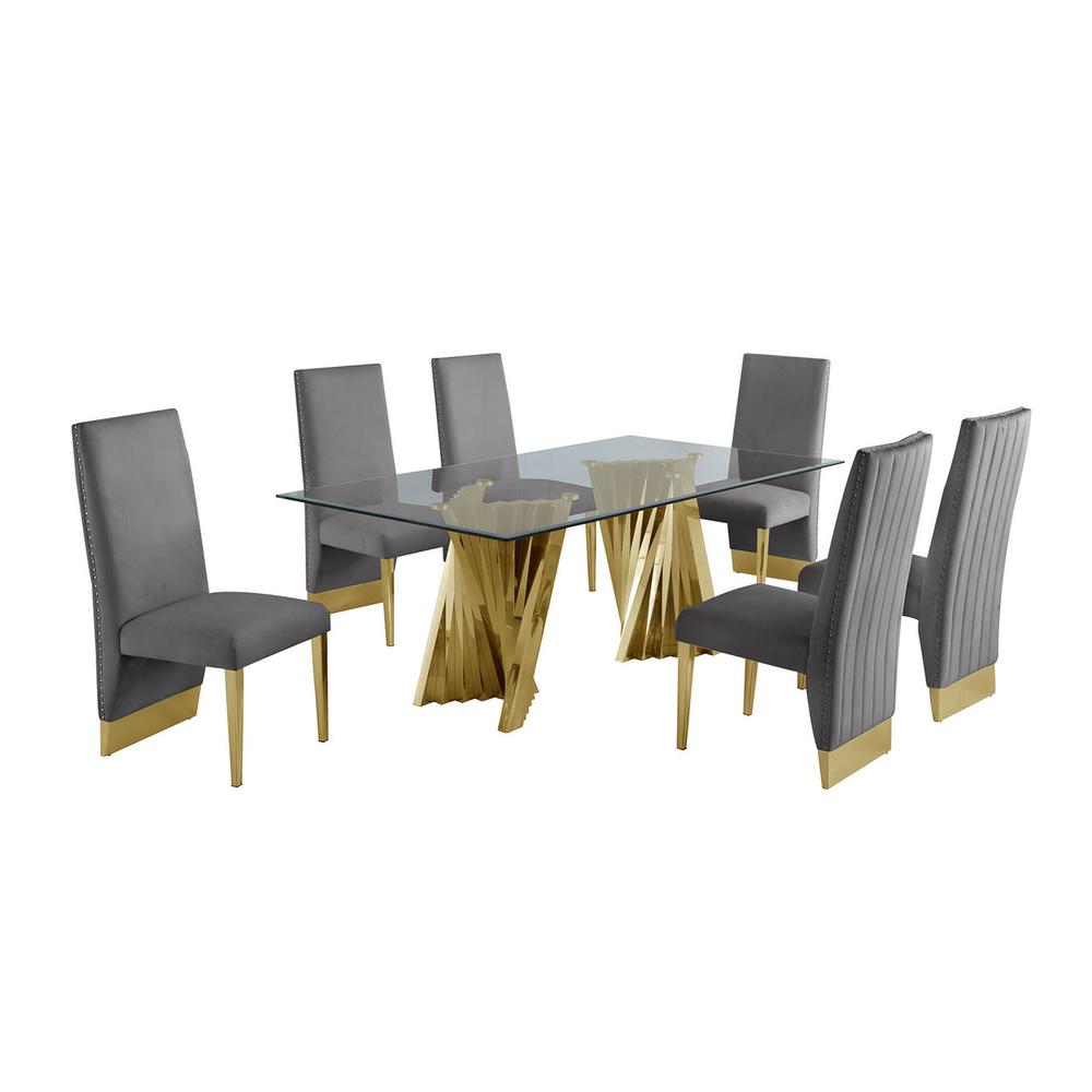 Classic 7pc Dining Set w/Pleated Side Chair, Glass Table w/ Gold Spiral Base, Dark Grey. Picture 1