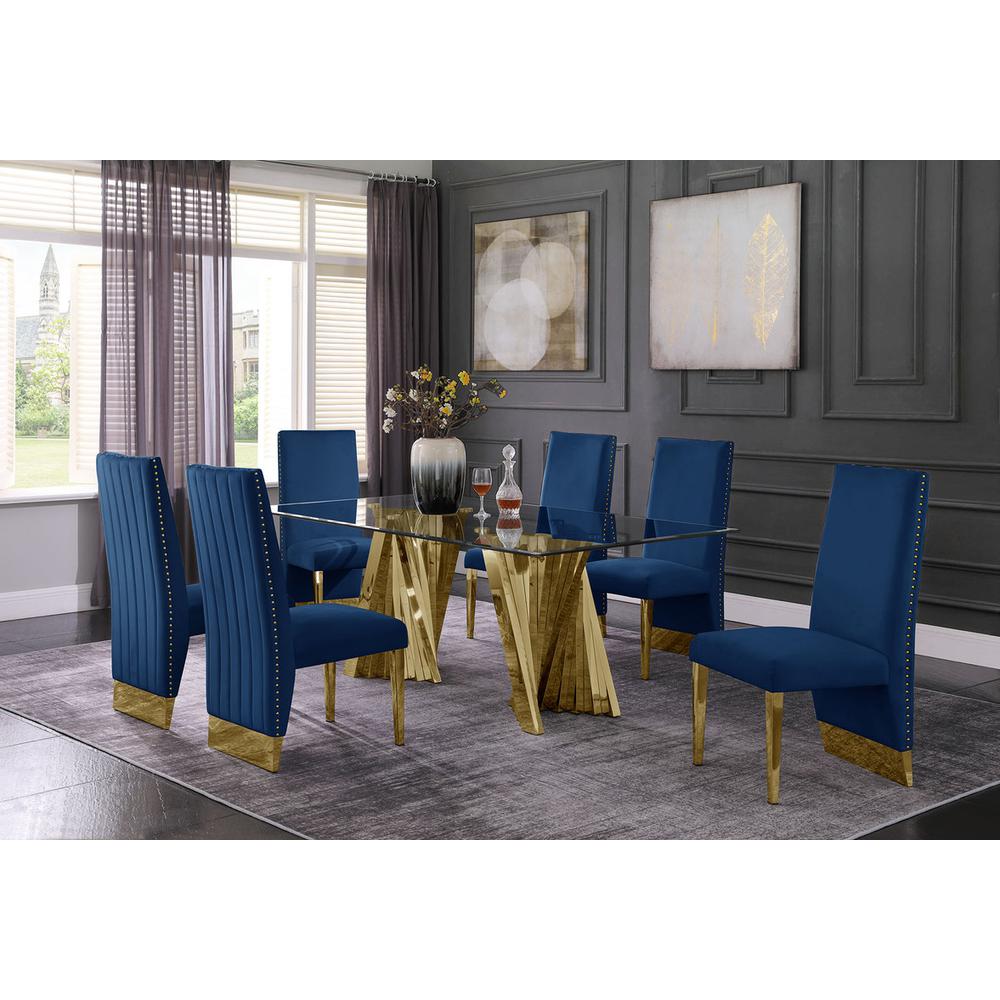 Classic 7pc Dining Set w/Pleated Side Chair, Glass Table w/ Gold Spiral Base, Navy Blue. Picture 3