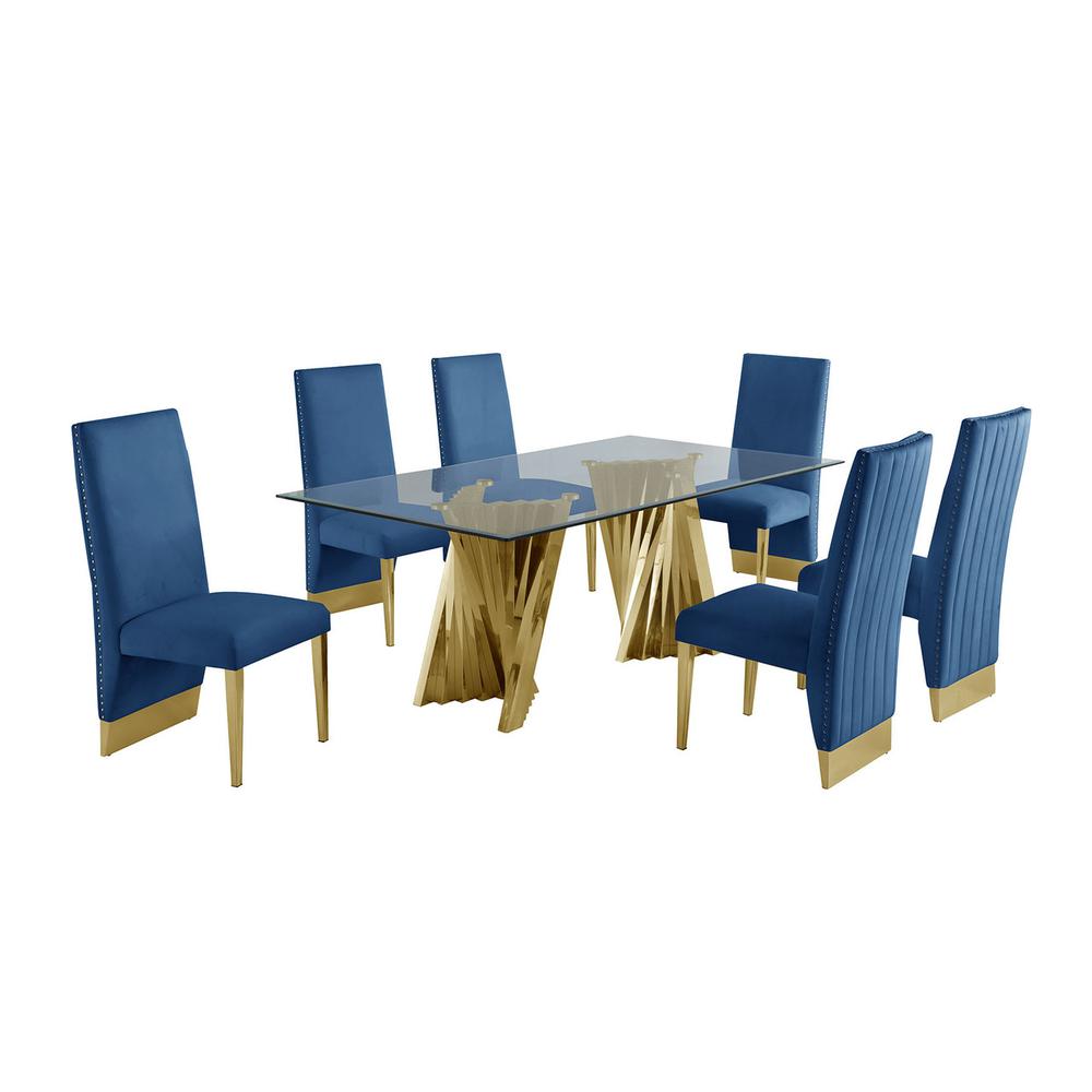 Classic 7pc Dining Set w/Pleated Side Chair, Glass Table w/ Gold Spiral Base, Navy Blue. Picture 1