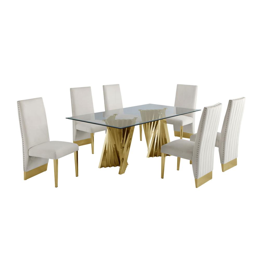 Classic 7pc Dining Set w/Pleated Side Chair, Glass Table w/ Gold Spiral Base, Beige. Picture 1