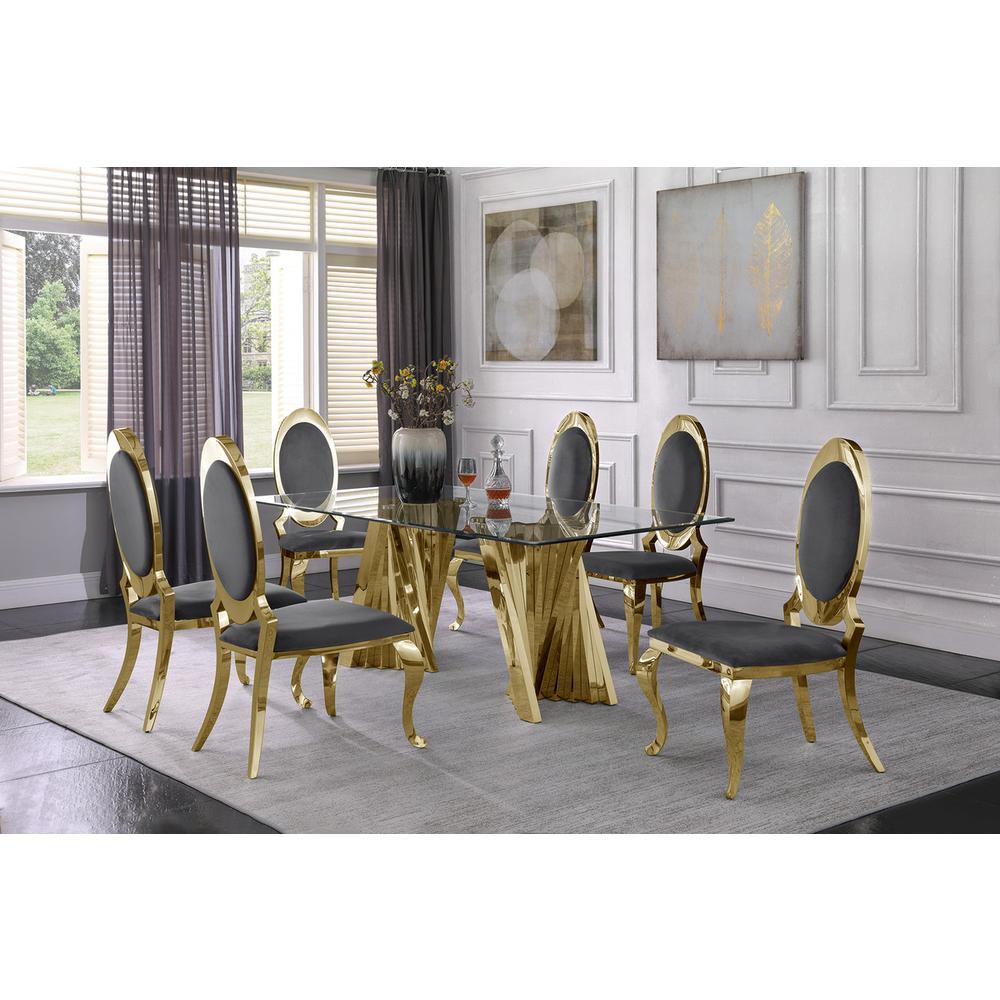 Classic 7pc Dining Set w/Uph Side Chair, Glass Table w/ Gold Spiral Base, Dark Grey. Picture 4
