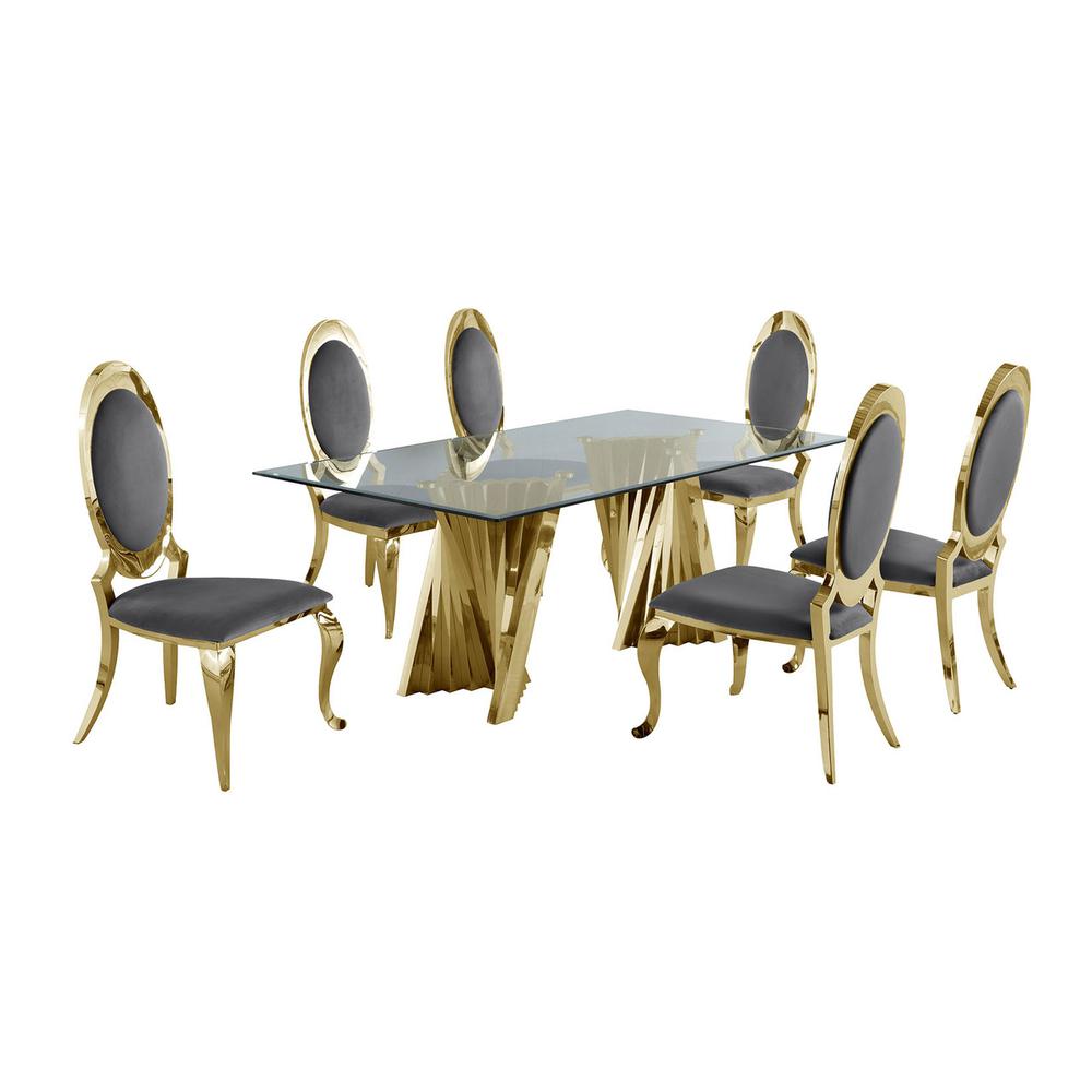 Classic 7pc Dining Set w/Uph Side Chair, Glass Table w/ Gold Spiral Base, Dark Grey. Picture 1
