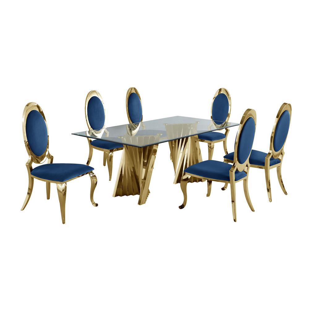 Classic 7pc Dining Set w/Uph Side Chair, Glass Table w/ Gold Spiral Base, Navy Blue. Picture 1
