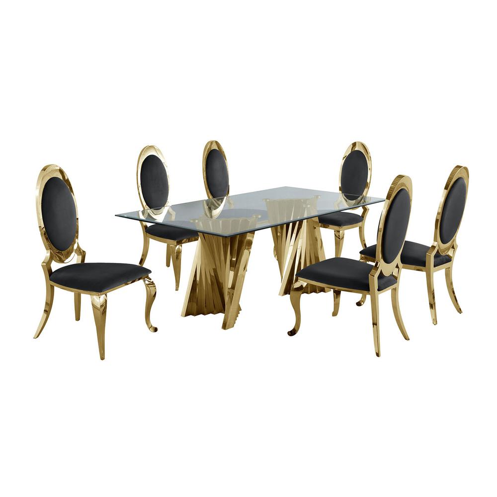 Classic 7pc Dining Set w/Uph Side Chair, Glass Table w/ Gold Spiral Base, Black. Picture 1