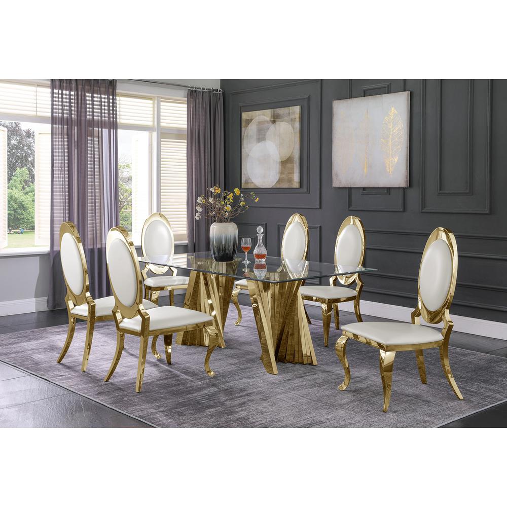 Classic 7pc Dining Set w/Faux Leather Side Chair, Glass Table w/ Gold Spiral Base, White. Picture 4