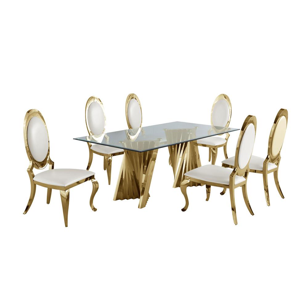 Classic 7pc Dining Set w/Faux Leather Side Chair, Glass Table w/ Gold Spiral Base, White. Picture 1