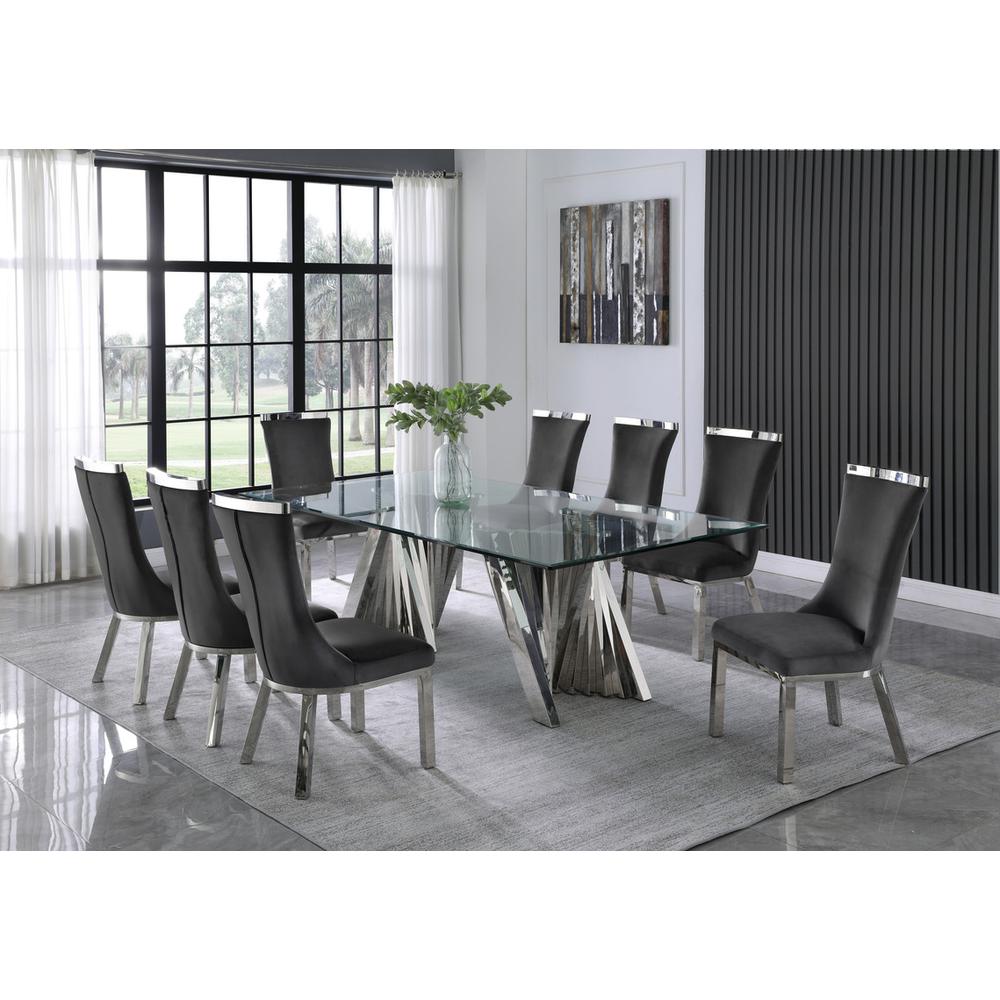 9pc dining set- Recatngle Glass table with silver color base and Dark Grey velvet chairs. Picture 4