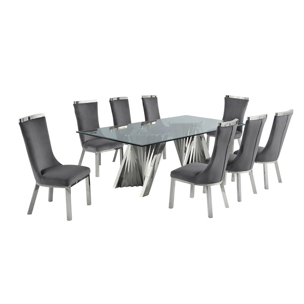 9pc dining set- Recatngle Glass table with silver color base and Dark Grey velvet chairs. Picture 1