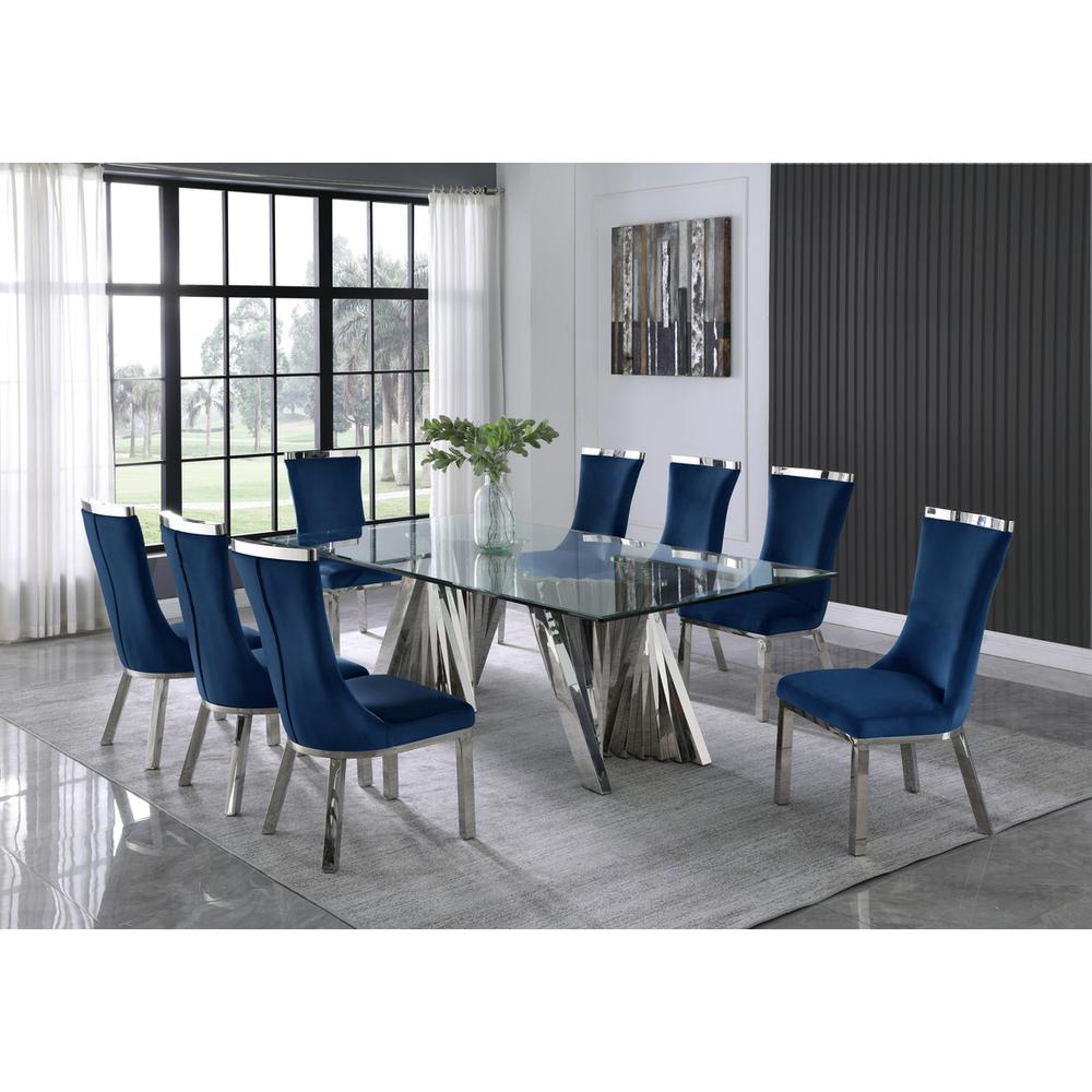 9pc dining set- Recatngle Glass table with silver color base and Navy Blue velvet chairs. Picture 4
