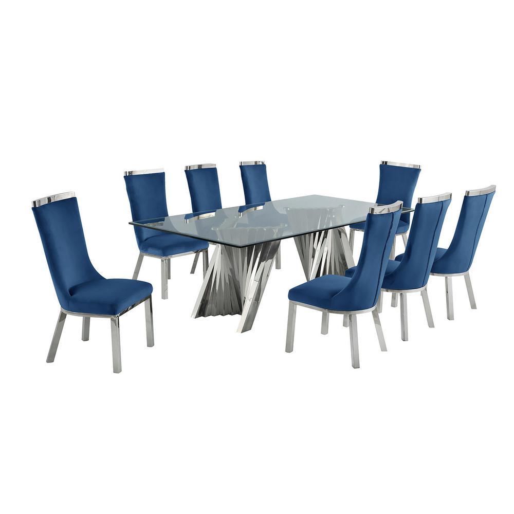 9pc dining set- Recatngle Glass table with silver color base and Navy Blue velvet chairs. Picture 1