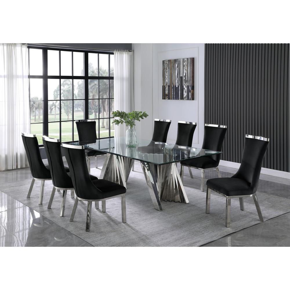 9pc dining set- Recatngle Glass table with silver color base and Black velvet chairs. Picture 4