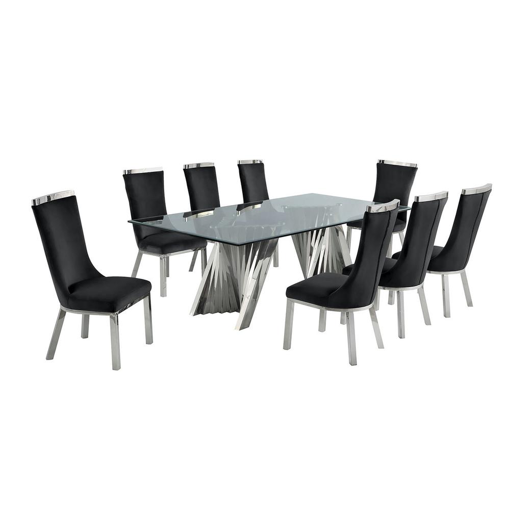9pc dining set- Recatngle Glass table with silver color base and Black velvet chairs. Picture 1