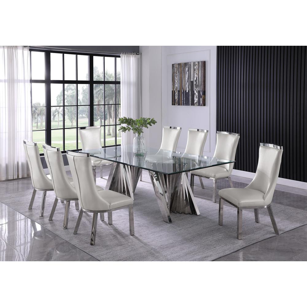 9pc dining set- Recatngle Glass table with silver color base and White faux leather chairs. Picture 4