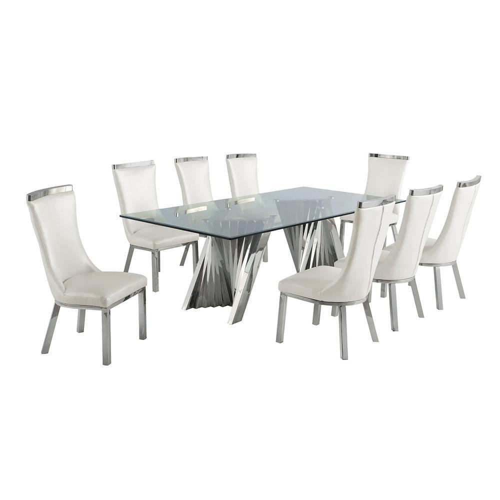 9pc dining set- Recatngle Glass table with silver color base and White faux leather chairs. Picture 1