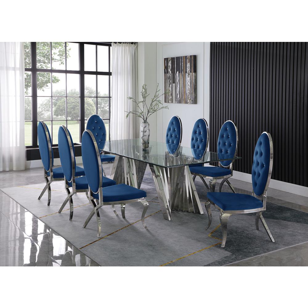 Classic 9pc Dining Set w/Uph Tufted Side Chair, Glass Table w/ Silver Spiral Base, Navy Blue. Picture 4