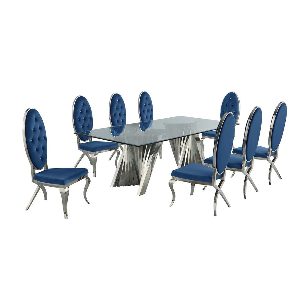 Classic 9pc Dining Set w/Uph Tufted Side Chair, Glass Table w/ Silver Spiral Base, Navy Blue. Picture 1
