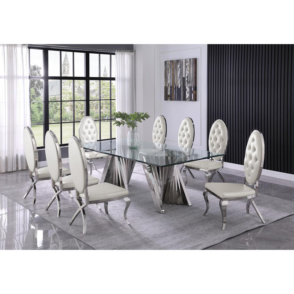 Classic 9pc Dining Set w/Faux Leather Tufted Side Chair, Glass Table w/ Silver Spiral Base, White. Picture 4