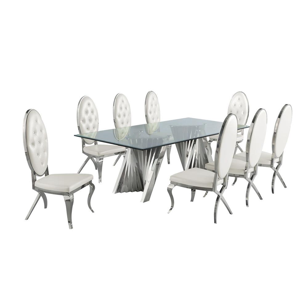 Classic 9pc Dining Set w/Faux Leather Tufted Side Chair, Glass Table w/ Silver Spiral Base, White. Picture 1