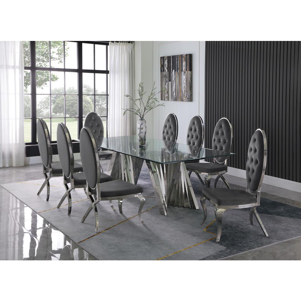 Classic 9pc Dining Set w/Uph Tufted Side Chair, Glass Table w/ Silver Spiral Base, Dark Grey. Picture 4