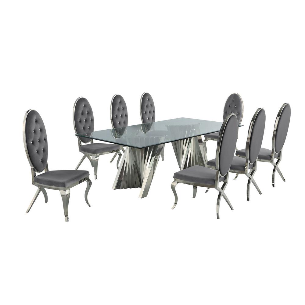 Classic 9pc Dining Set w/Uph Tufted Side Chair, Glass Table w/ Silver Spiral Base, Dark Grey. Picture 1