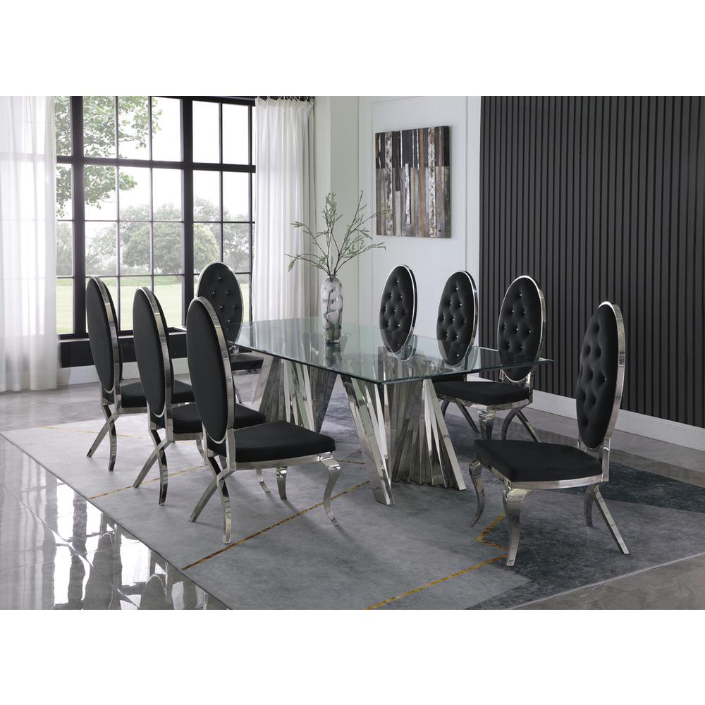 Classic 9pc Dining Set w/Uph Tufted Side Chair, Glass Table w/ Silver Spiral Base, Black. Picture 4