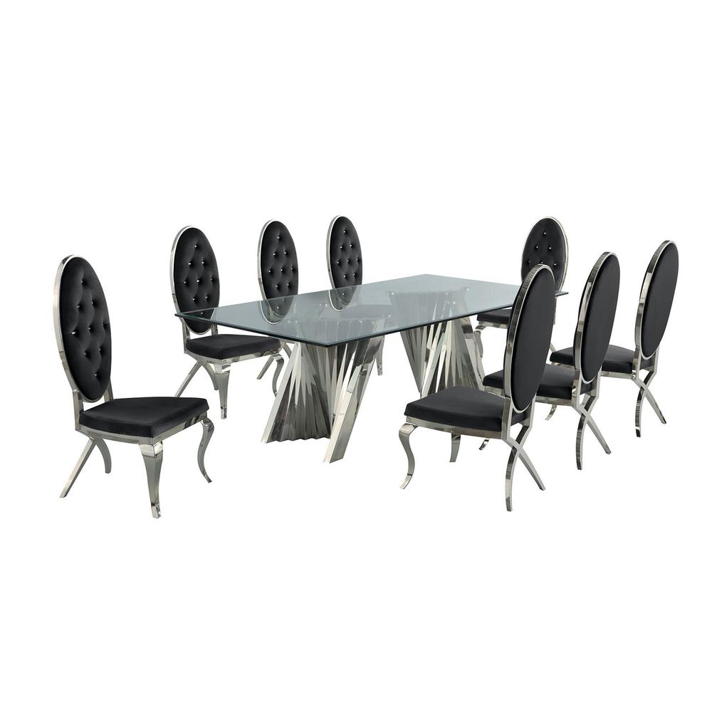 Classic 9pc Dining Set w/Uph Tufted Side Chair, Glass Table w/ Silver Spiral Base, Black. Picture 1