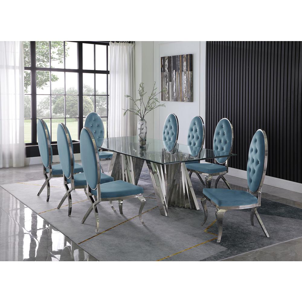 Classic 9pc Dining Set w/Uph Tufted Side Chair, Glass Table w/ Silver Spiral Base, Teal. Picture 4