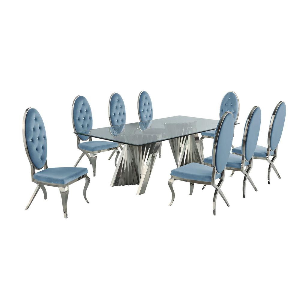 Classic 9pc Dining Set w/Uph Tufted Side Chair, Glass Table w/ Silver Spiral Base, Teal. Picture 1