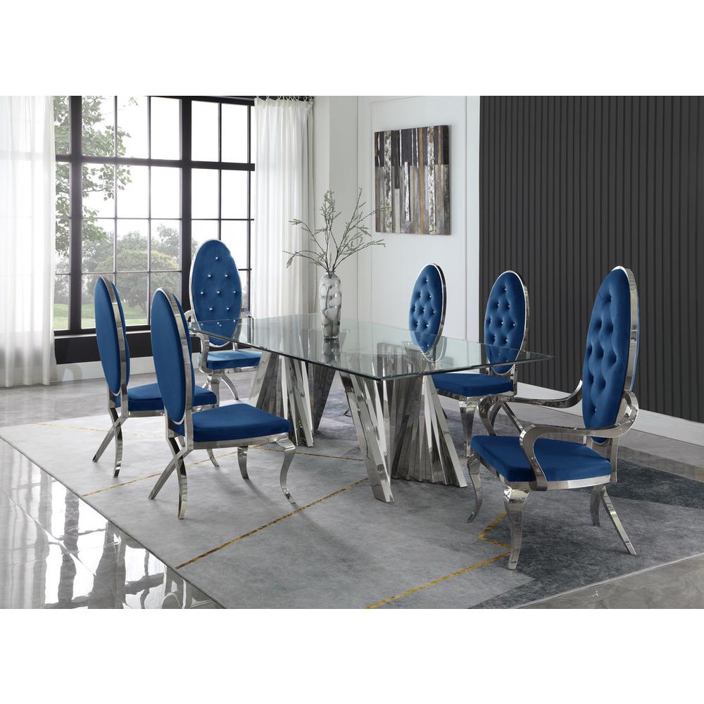 Classic 7pc Dining Set w/Uph Tufted Side/Arm Chair, Glass Table w/ Silver Spiral Base, Navy Blue. Picture 1