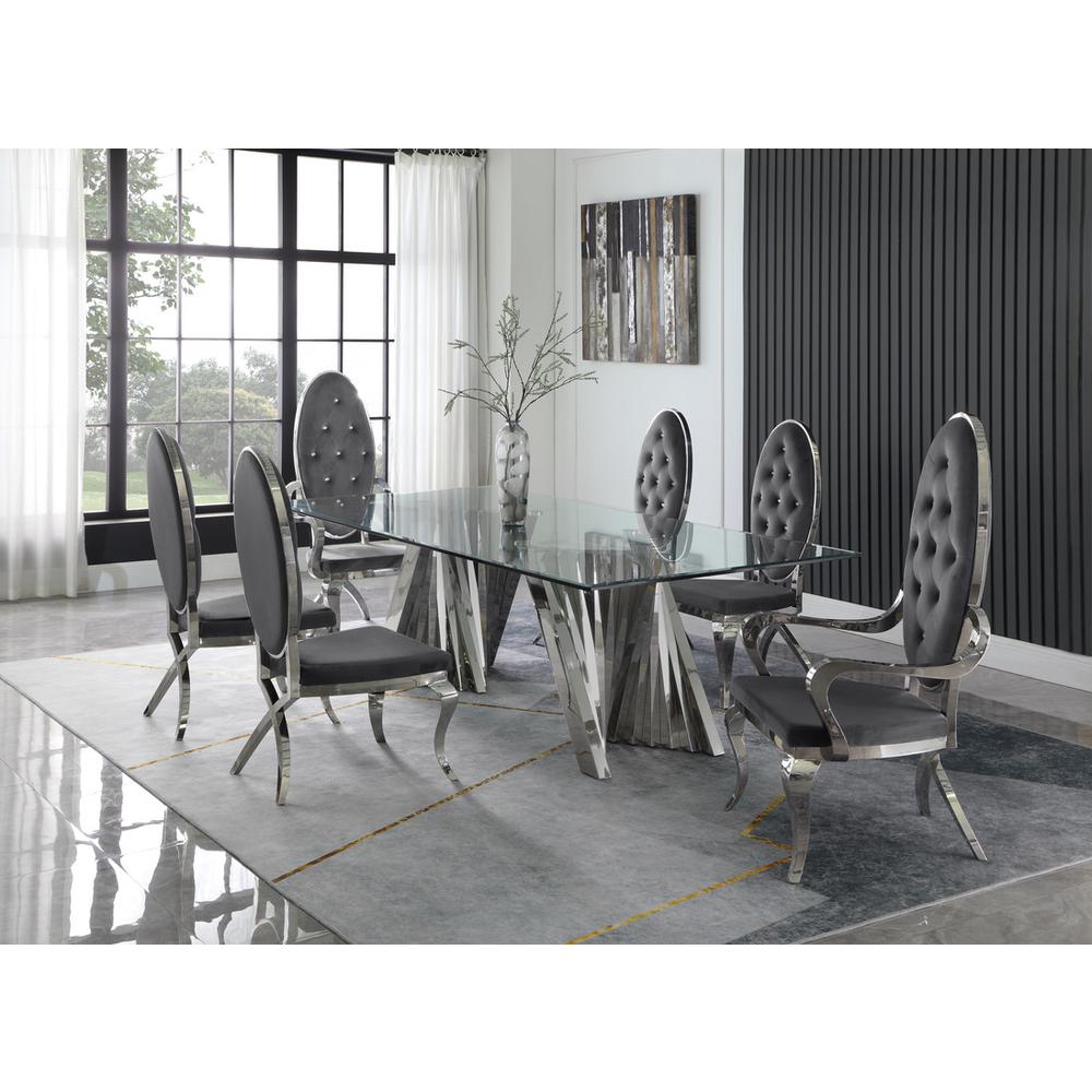 Classic 7pc Dining Set w/Uph Tuftd Side/Arm Chair, Glass Table w/ Silver Spiral Base, Dark Grey. Picture 1