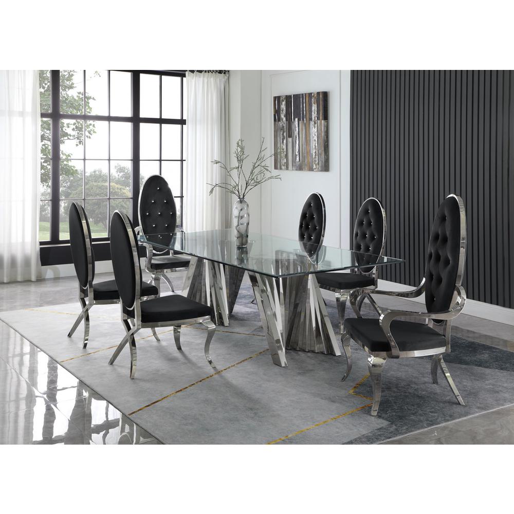 Classic 7pc Dining Set w/Uph Tufted Side/Arm Chair, Glass Table w/ Silver Spiral Base, Black. Picture 1