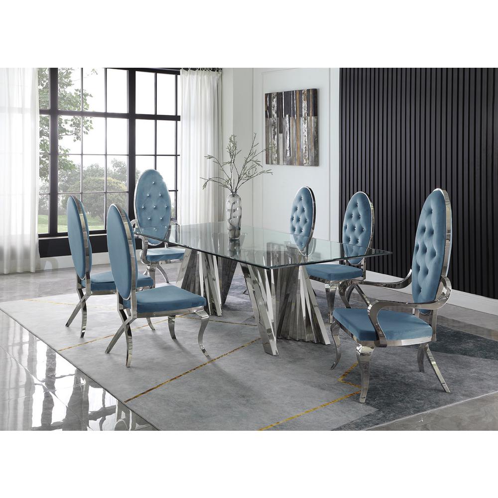 Classic 7pc Dining Set w/Uph Tufted Side/Arm Chair, Glass Table w/ Silver Spiral Base, Teal. Picture 1