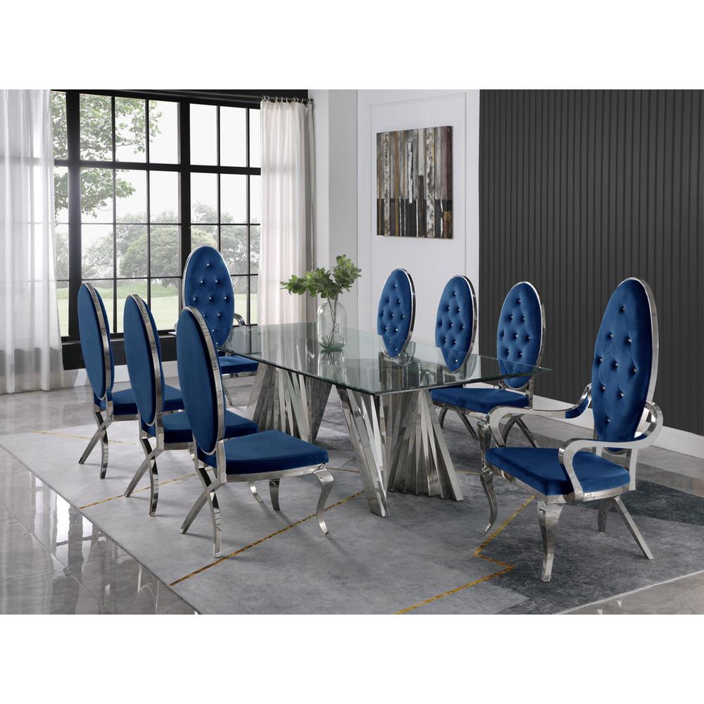 Classic 9pc Dining Set w/Uph Tufted Side/Arm Chair, Glass Table w/ Silver Spiral Base, Navy Blue. Picture 1