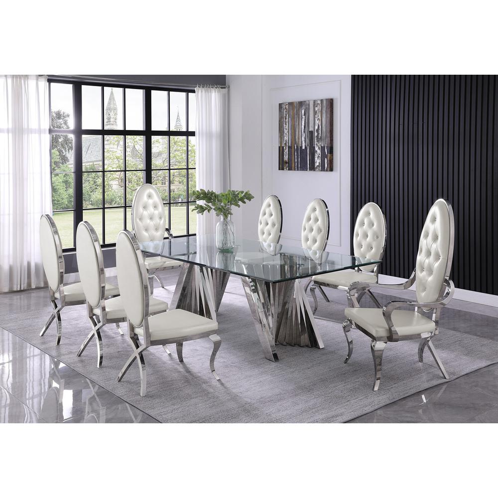 Classic 9pc Dining Set w/Faux Leather Tufted Side/Arm Chair, Glass Table w/ Silver Spiral Base, White. Picture 1