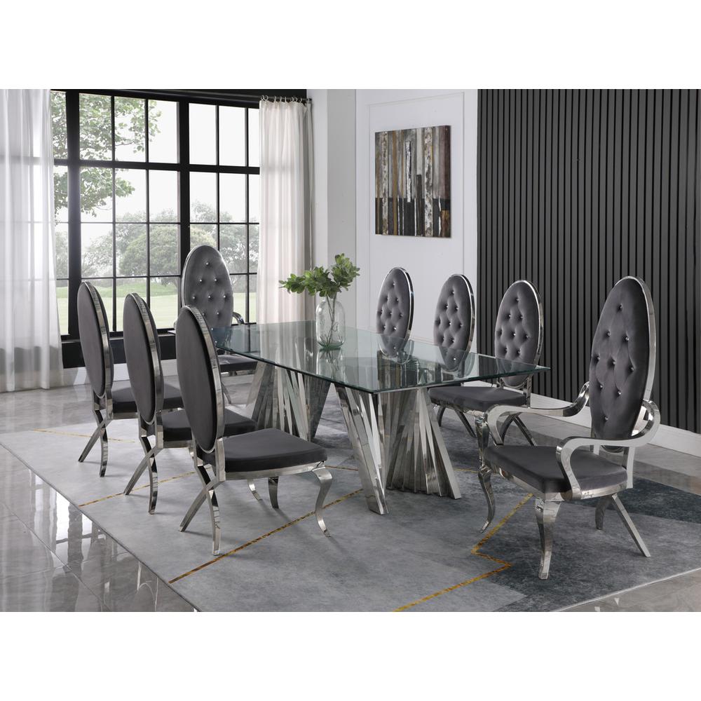 Classic 9pc Dining Set w/Uph Tufted Side/Arm Chair, Glass Table w/ Silver Spiral Base, Dark Grey. Picture 1